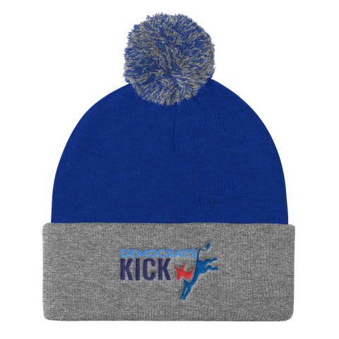 Democrats Kick A - blue with gray cuff Pom Pom Beanie hat